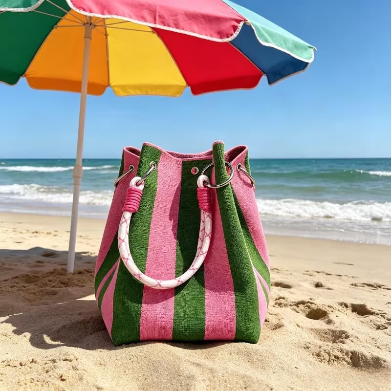 🏆👜 Begrænset tilbud: 50 % RABAT 🌴 Boho Stribet Strikket Spandhåndtaske til Kvinder – Håndlavet Skuldertaske til Sommerstrand