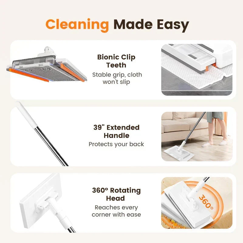 Extendable Telescopic Disposable Flat Clip Mop, 360° Swivel Lightweight Floor Mop