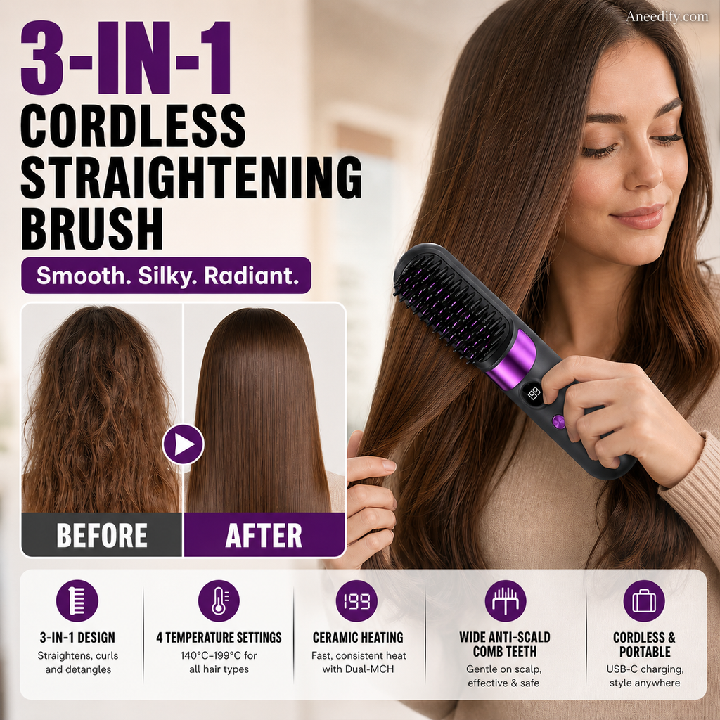 💇‍♀️🔥 3-i-1 Ledningsfri Glattebørste – Glat, Krøl & Filtudred – USB-C Genopladelig med 4 Varmeindstillinger – Perfekt Hår Overalt! ✨