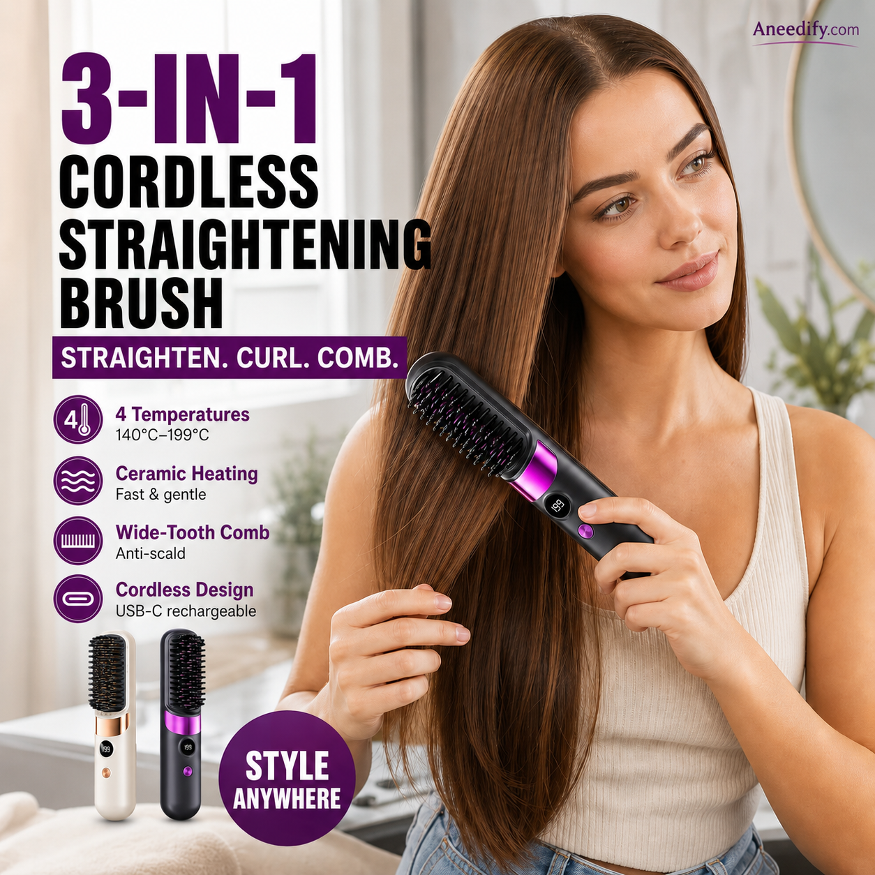 💇‍♀️🔥 3-i-1 Ledningsfri Glattebørste – Glat, Krøl & Filtudred – USB-C Genopladelig med 4 Varmeindstillinger – Perfekt Hår Overalt! ✨