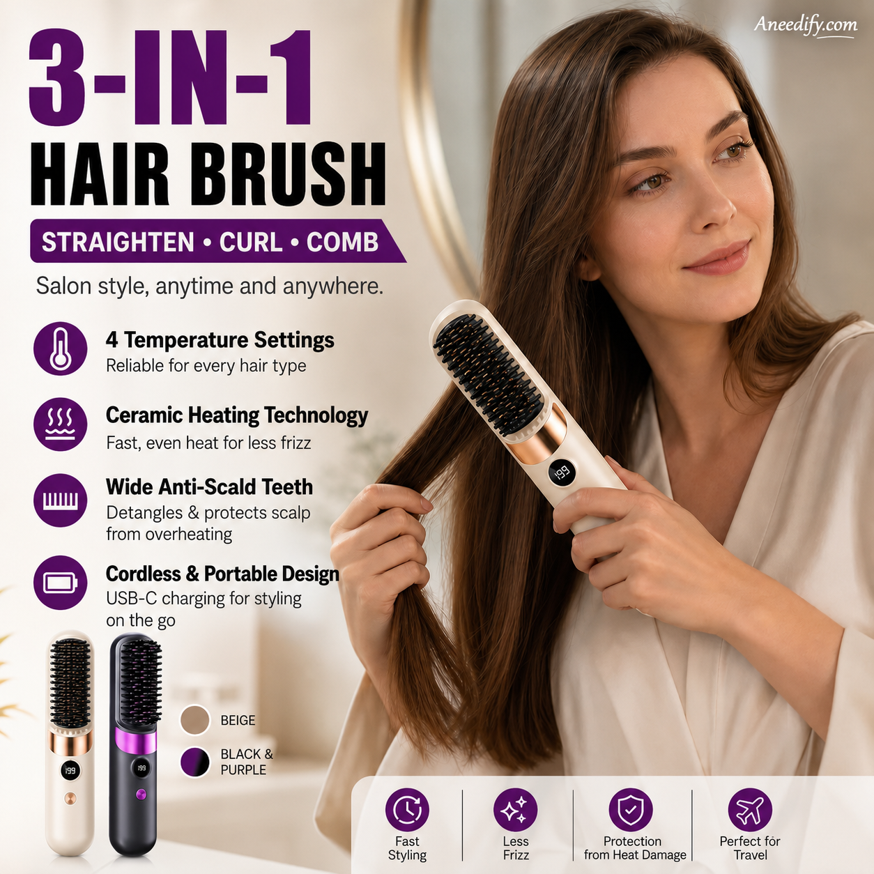💇‍♀️🔥 3-i-1 Ledningsfri Glattebørste – Glat, Krøl & Filtudred – USB-C Genopladelig med 4 Varmeindstillinger – Perfekt Hår Overalt! ✨