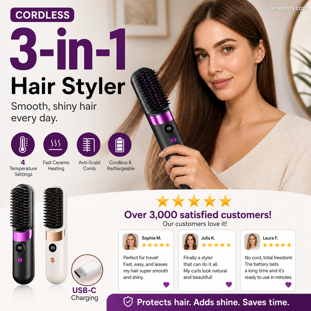 💇‍♀️🔥 3-i-1 Ledningsfri Glattebørste – Glat, Krøl & Filtudred – USB-C Genopladelig med 4 Varmeindstillinger – Perfekt Hår Overalt! ✨