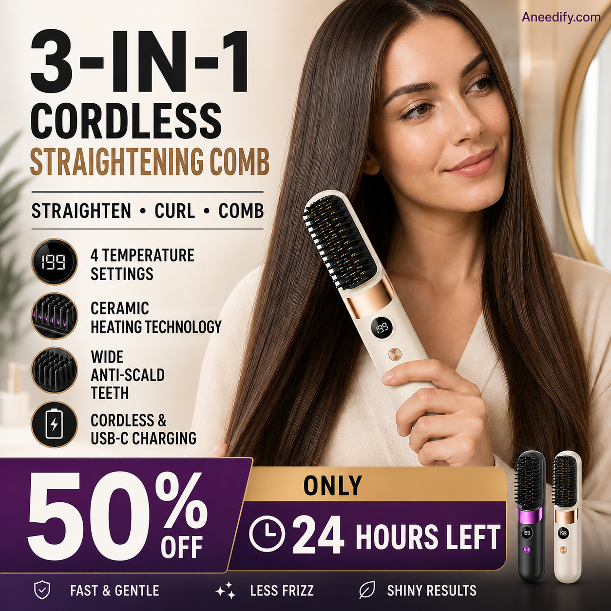 💇‍♀️🔥 3-i-1 Ledningsfri Glattebørste – Glat, Krøl & Filtudred – USB-C Genopladelig med 4 Varmeindstillinger – Perfekt Hår Overalt! ✨