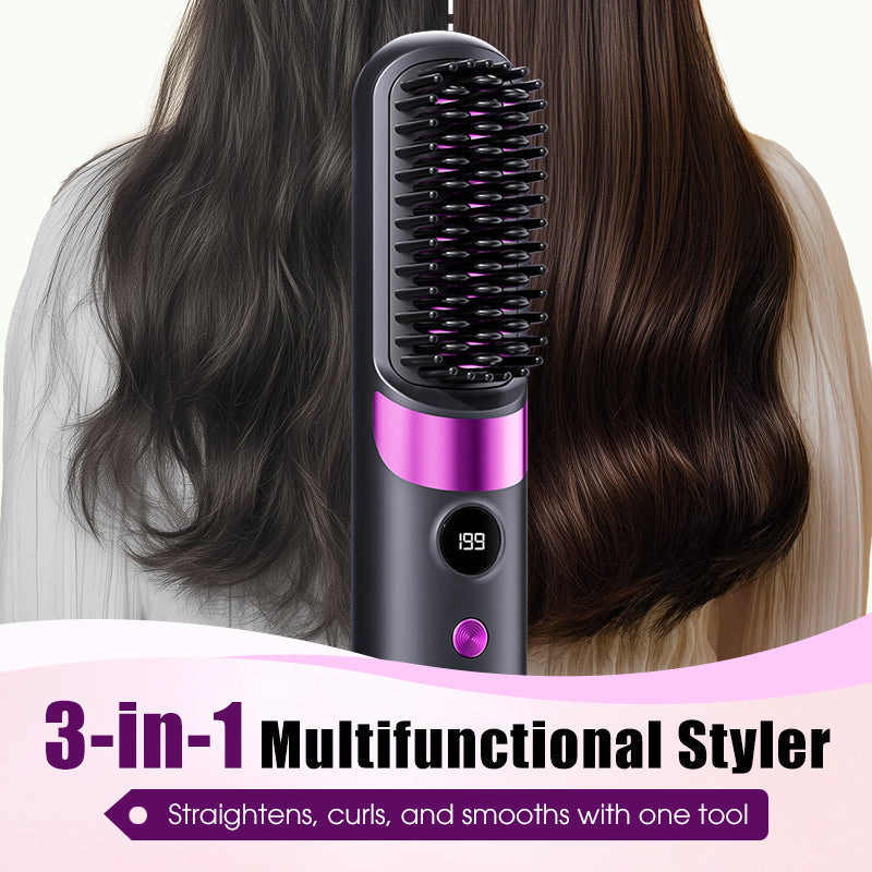 💇‍♀️🔥 3-i-1 Ledningsfri Glattebørste – Glat, Krøl & Filtudred – USB-C Genopladelig med 4 Varmeindstillinger – Perfekt Hår Overalt! ✨