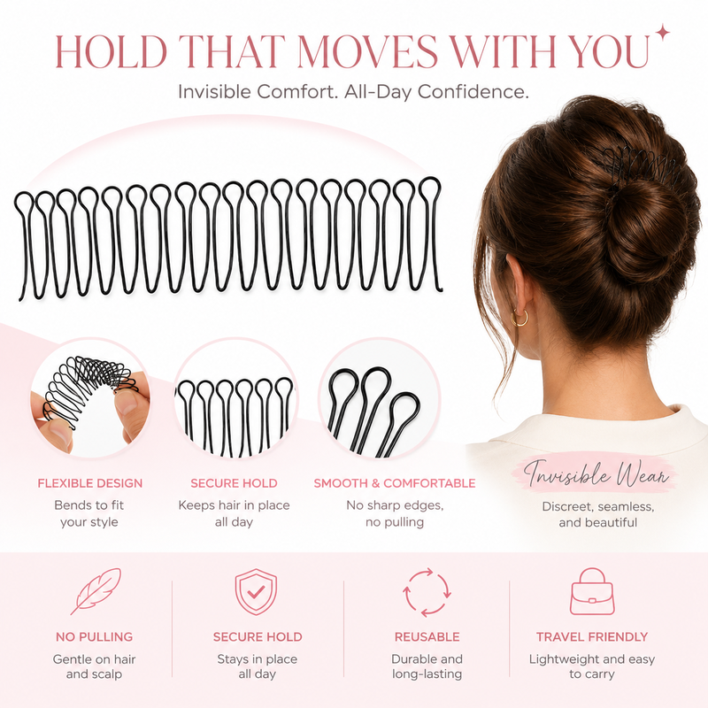 💇‍♀️✨ Fleksibel, Usynlig Hårkam – usynlig, fleksibel og skridsikker – skaber øjeblikkeligt et perfekt sikkert hold! 🌟